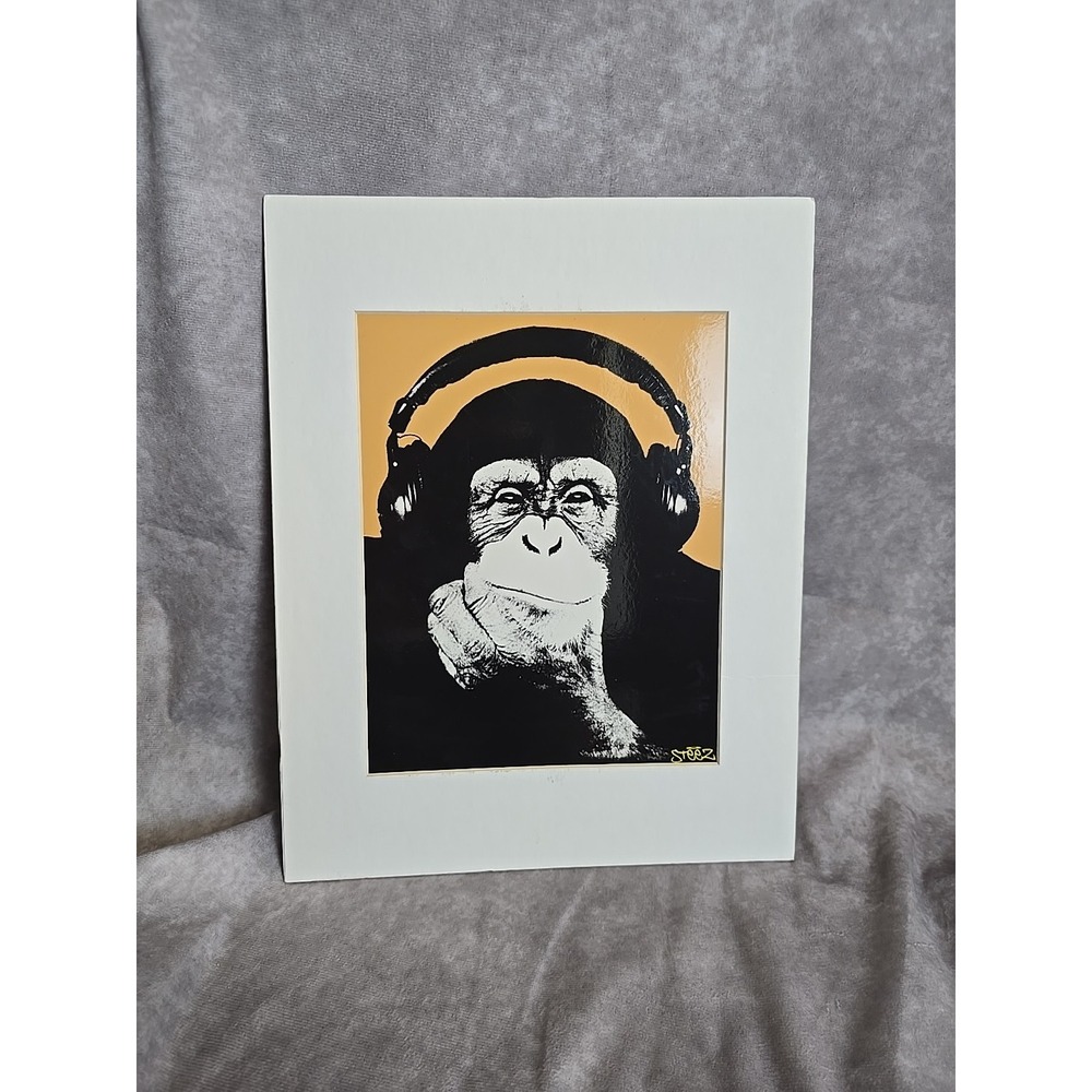 Steez Chimp with Headphones Art Print - Street Art Style - DJ Monkey Matted 90s